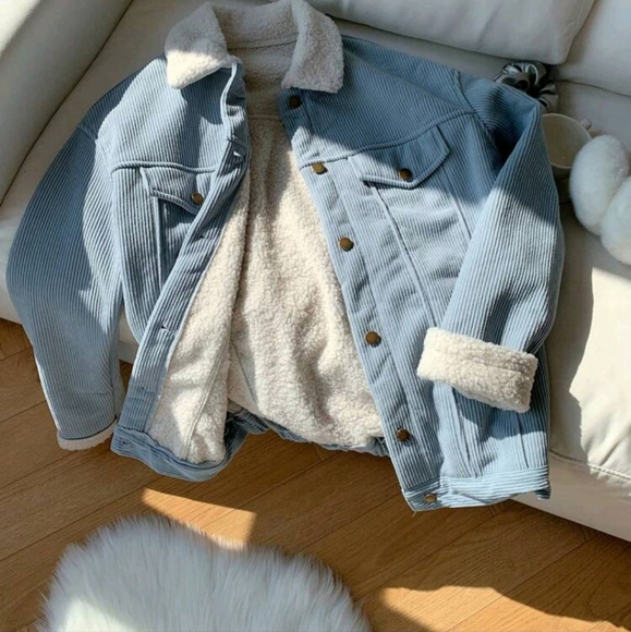 Borg Collar Drop Shoulder Teddy Lined Corduroy Jacket - Picture 3 of 4